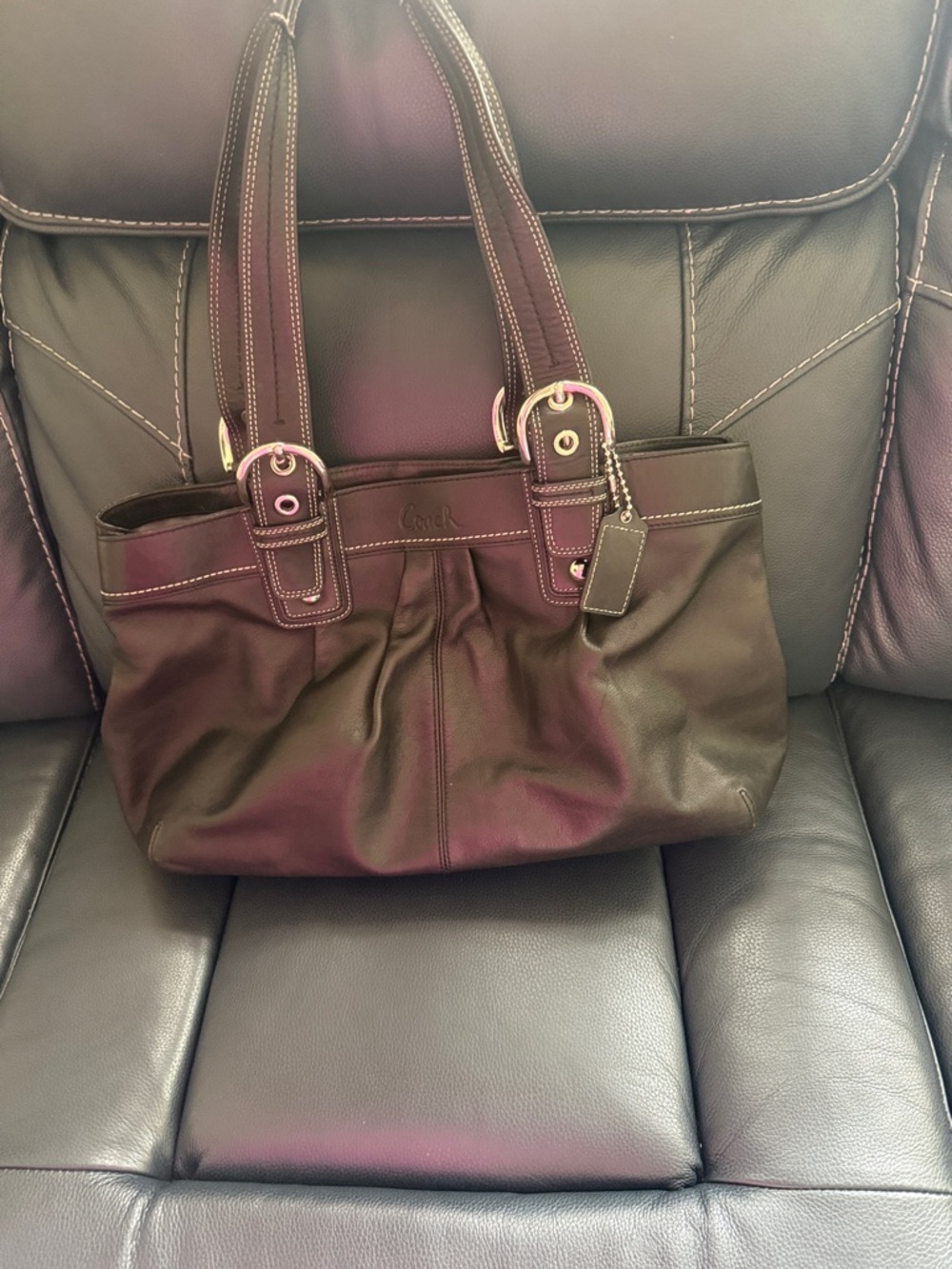 Coach Black Leather Shoulder Tote with Contrast Stitching